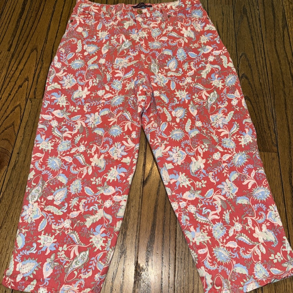 Gloria Vanderbilt Amanda Capri Floral Pants Jeans Coral Blue Size 8 Crop 20"